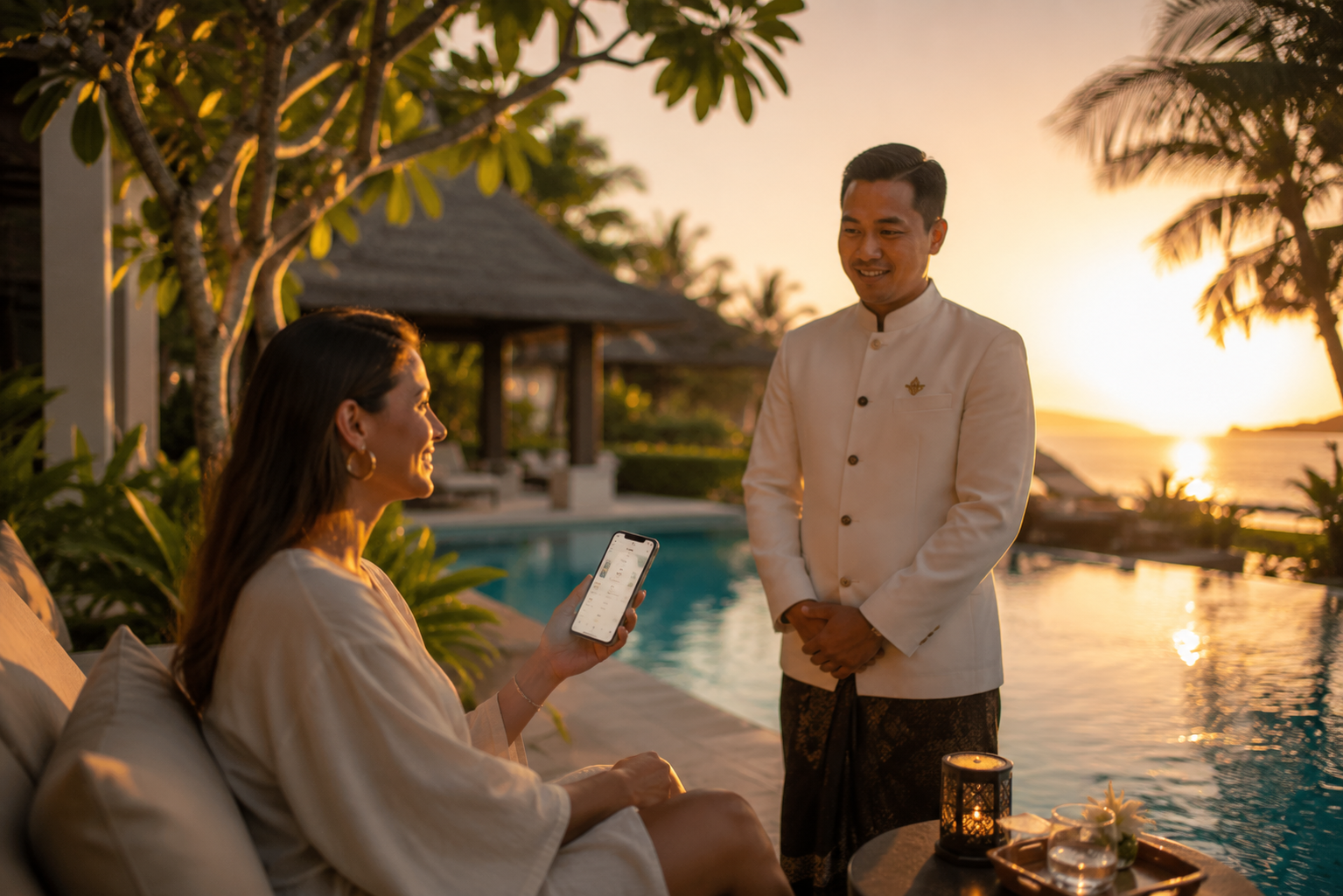 Resort guest using Butler app at poolside, attended by a staff member at sunset